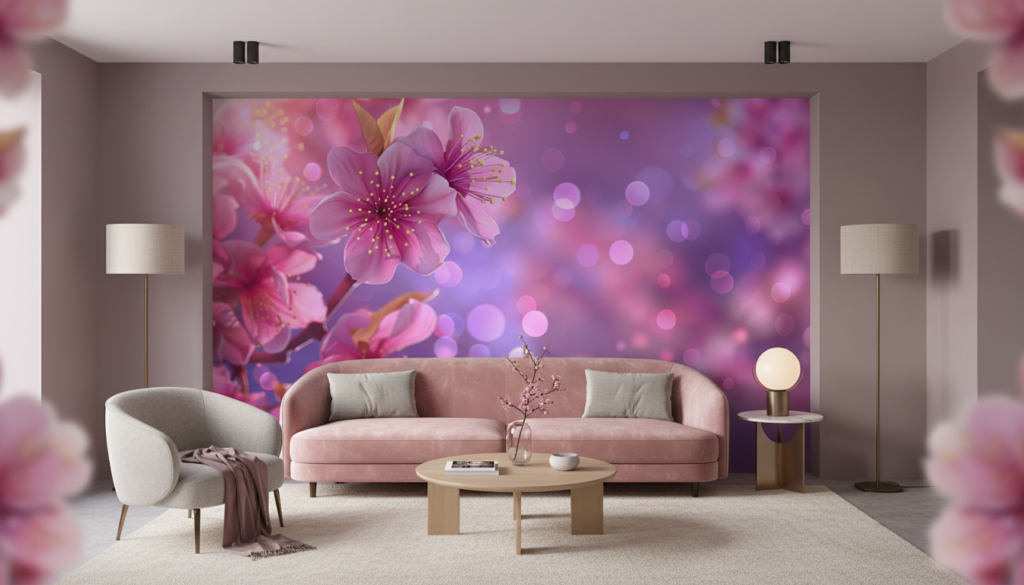 Papier peint fleurs de cerisier roses fond violet lumineux - Salon / Séjour
