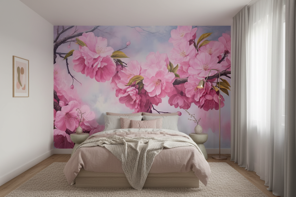 Papier peint fleurs de cerisier roses sur branche aquarelle - Chambre ado