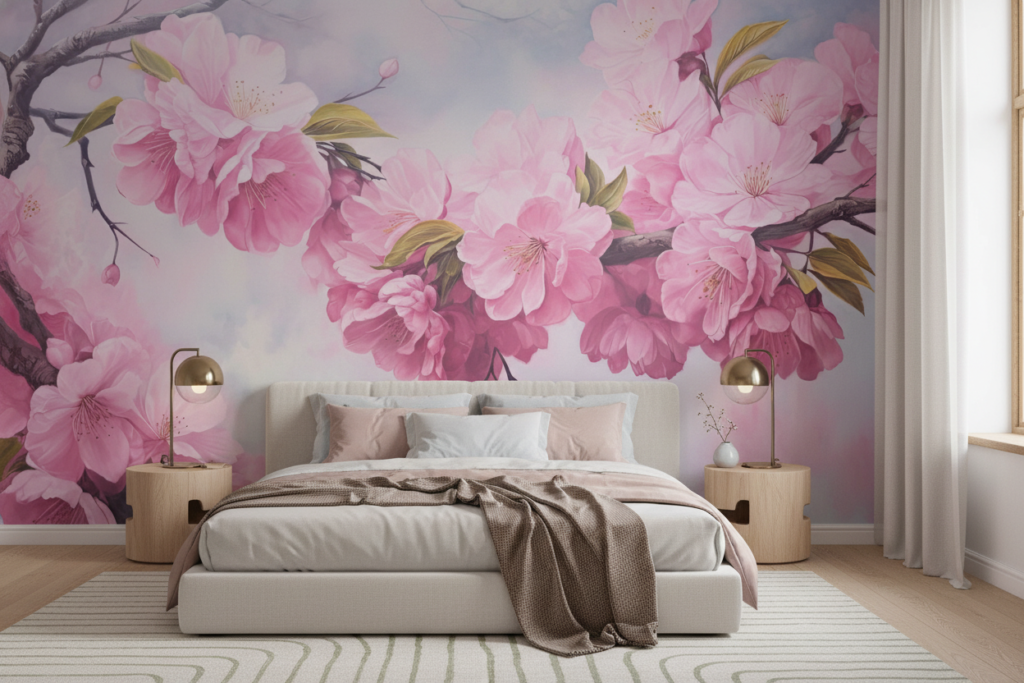 Papier peint fleurs de cerisier roses sur branche aquarelle - Chambre adulte