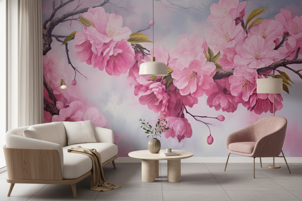 Papier peint fleurs de cerisier roses sur branche aquarelle - Salon / Séjour