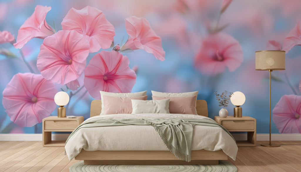 Papier peint fleurs hibiscus roses fond bleu pastel - Chambre adulte