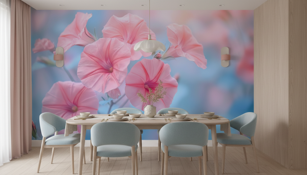 Papier peint fleurs hibiscus roses fond bleu pastel - Salle à manger