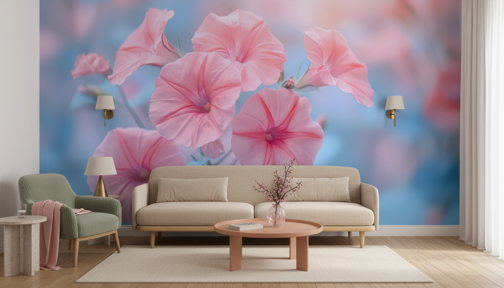 Papier peint fleurs hibiscus roses fond bleu pastel - Salon / Séjour