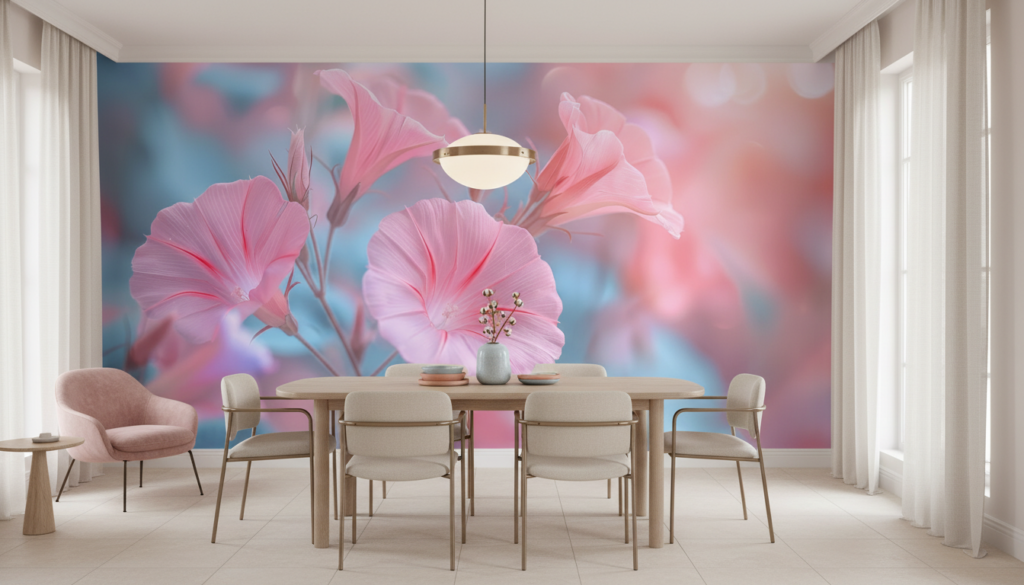 Papier Peint Fleurs Rose Pastel Style Romantique Moderne - Salle à manger