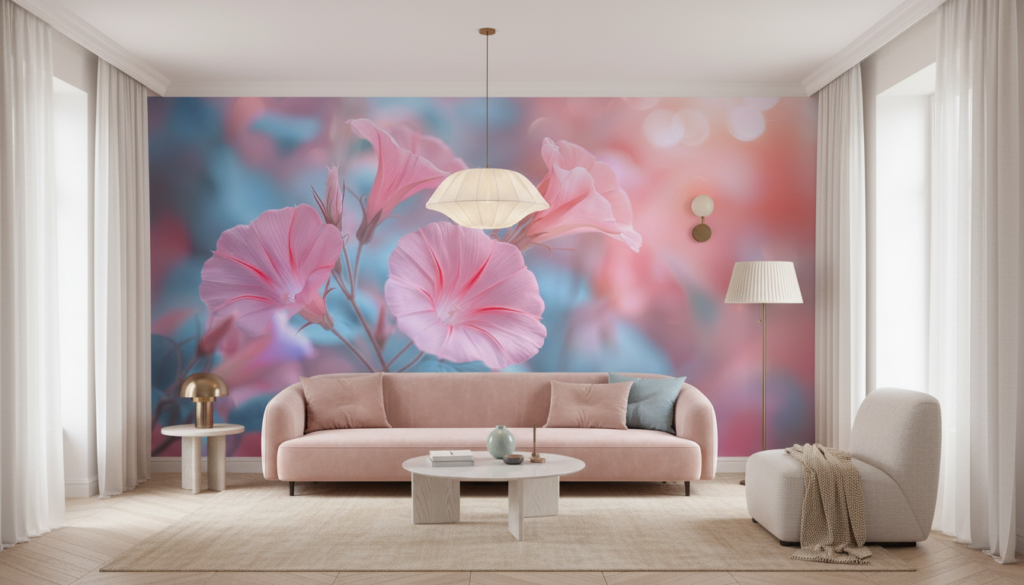 Papier Peint Fleurs Rose Pastel Style Romantique Moderne - Salon / Séjour