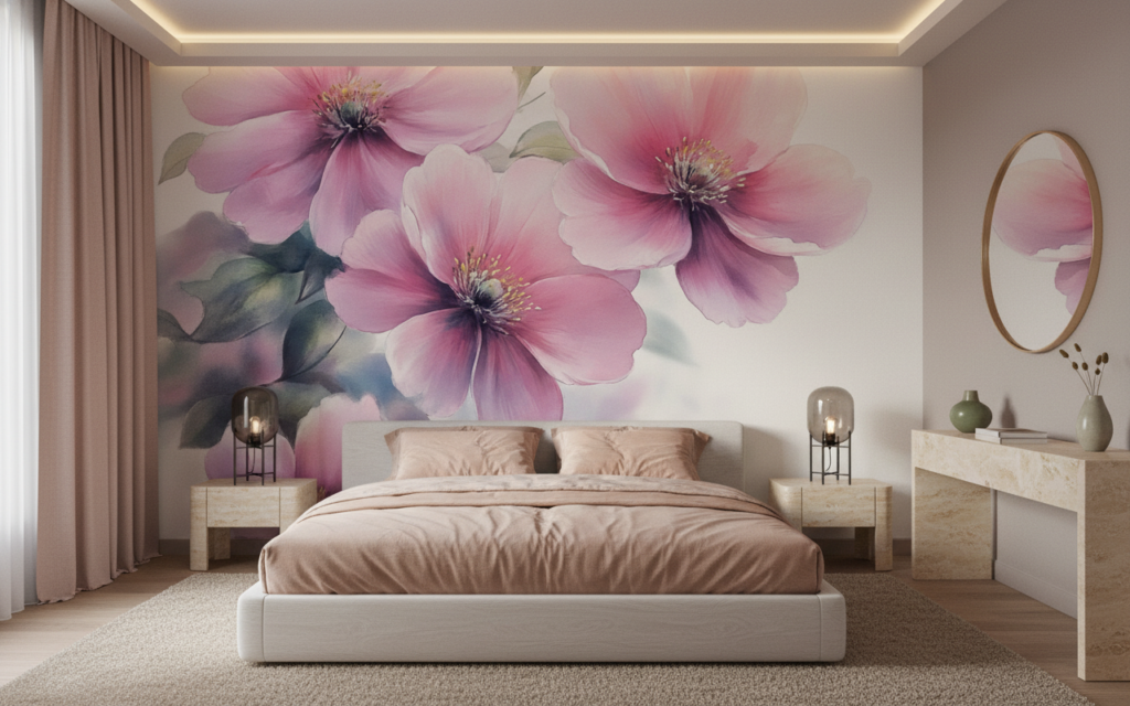 Papier Peint Fleurs Roses Aquarelle Délicate Style Romantique - Chambre adulte