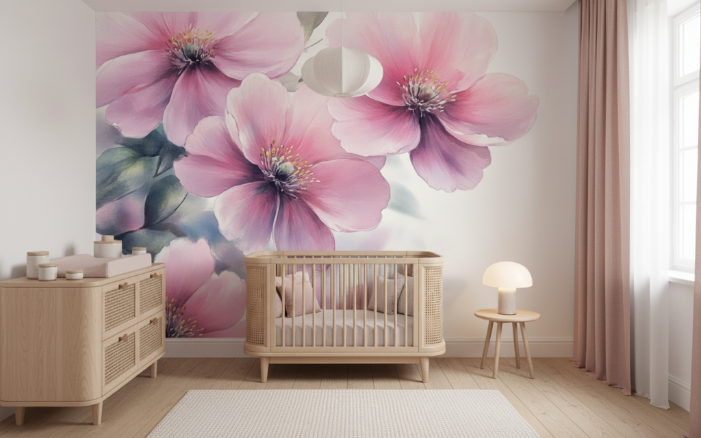 Papier Peint Fleurs Roses Aquarelle Délicate Style Romantique - Chambre bébé