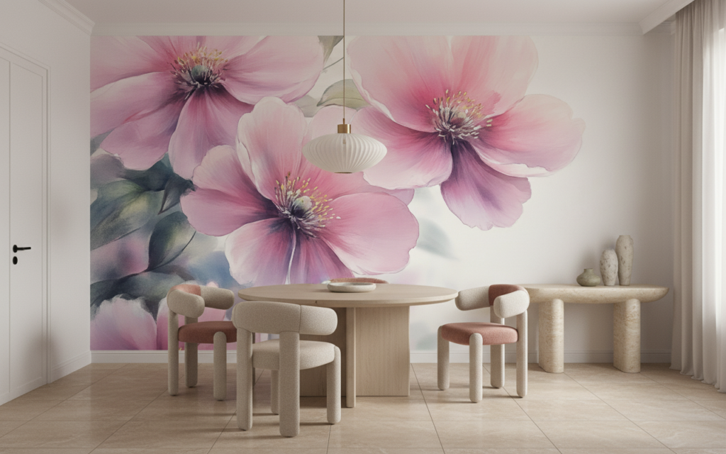 Papier Peint Fleurs Roses Aquarelle Délicate Style Romantique - Salle à manger