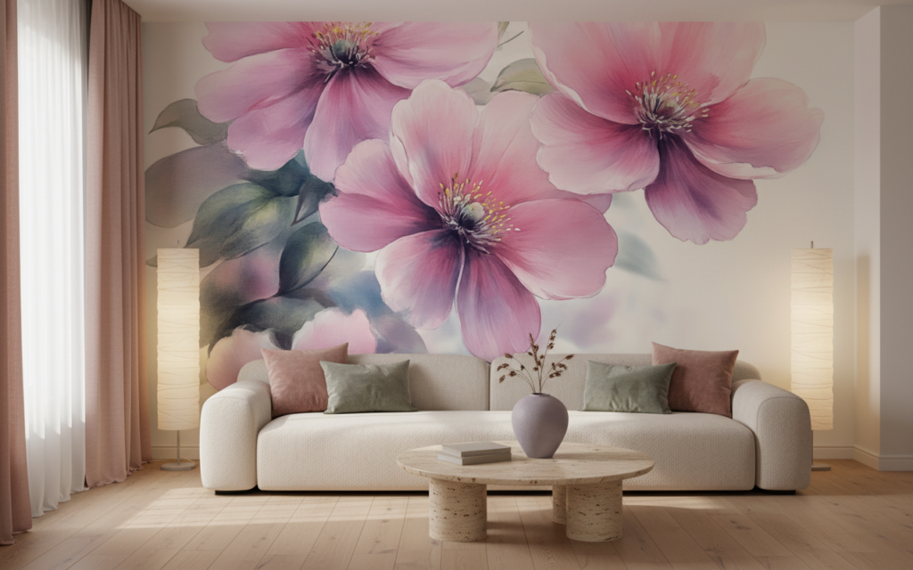 Papier Peint Fleurs Roses Aquarelle Délicate Style Romantique - Salon / Séjour