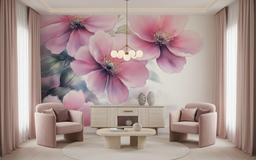 Papier Peint Fleurs Roses Aquarelle Délicate Style Romantique - Salon / Séjour