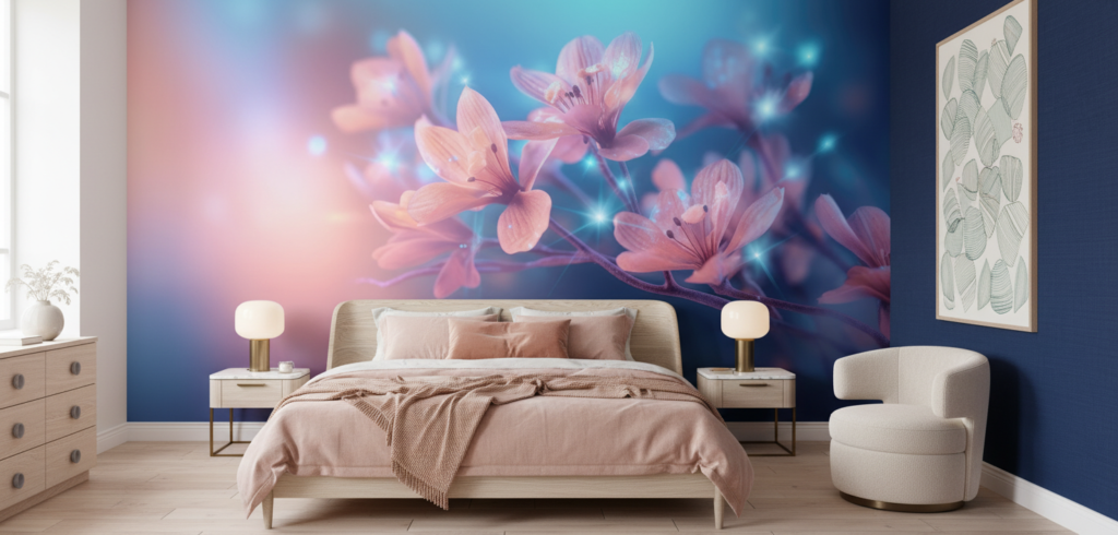 Papier peint fleurs roses lumineuses effet bokeh magique - Chambre adulte