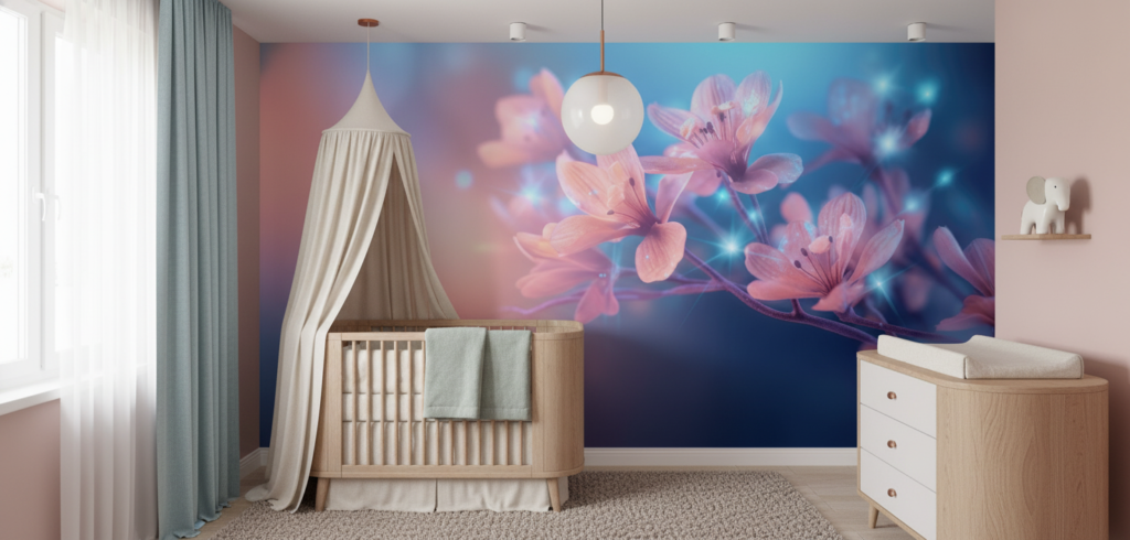 Papier peint fleurs roses lumineuses effet bokeh magique - Chambre bébé