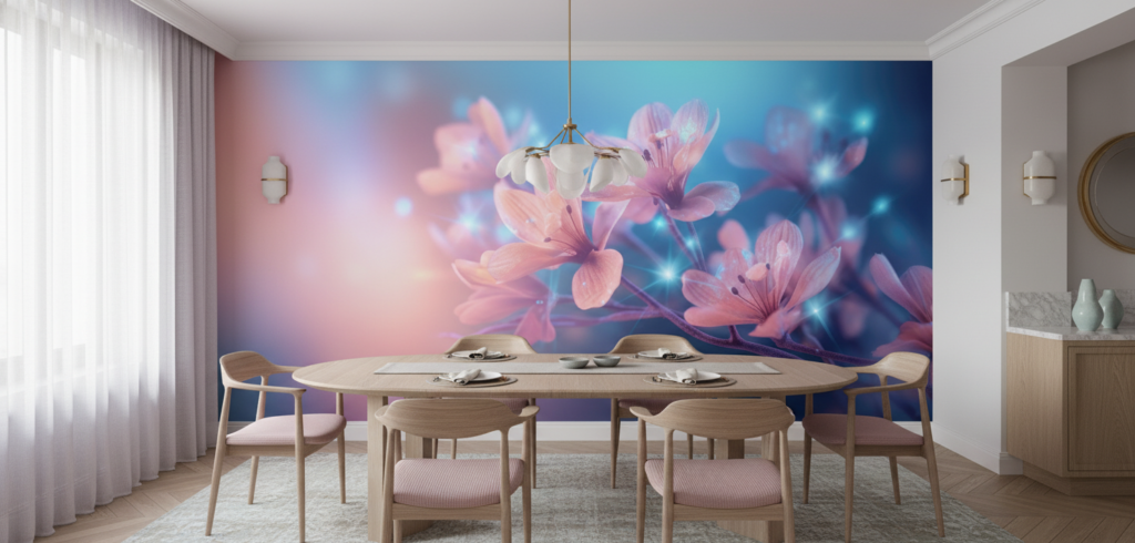 Papier peint fleurs roses lumineuses effet bokeh magique - Salle à manger