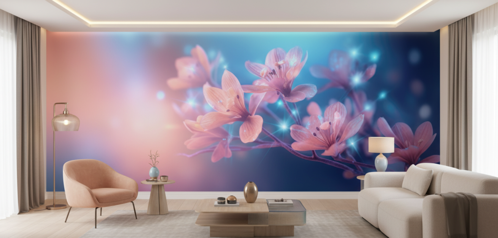 Papier peint fleurs roses lumineuses effet bokeh magique - Salon / Séjour