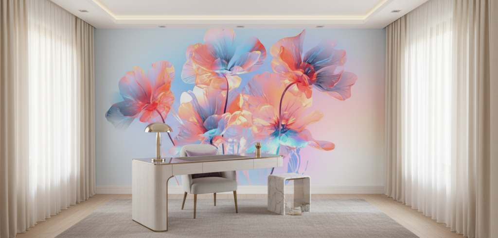 Papier Peint Fleurs Tropicales Multicolores Effet Aquarelle Moderne - Bureau