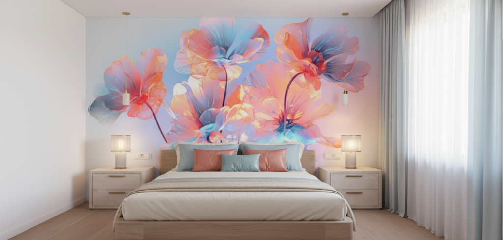 Papier Peint Fleurs Tropicales Multicolores Effet Aquarelle Moderne - Chambre adulte