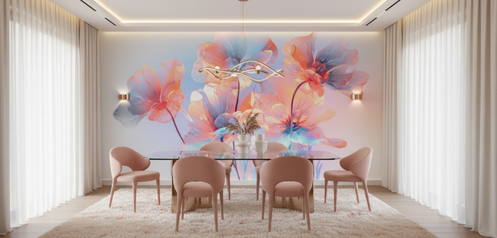 Papier Peint Fleurs Tropicales Multicolores Effet Aquarelle Moderne - Salle à manger