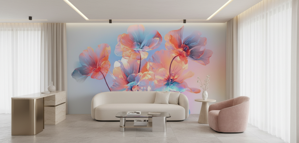 Papier Peint Fleurs Tropicales Multicolores Effet Aquarelle Moderne - Salon / Séjour