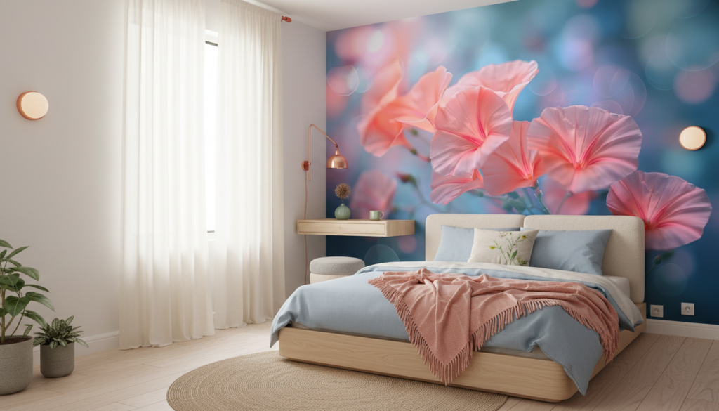 Papier Peint Fleurs Tropicales Rose Corail Effet Lumineux Artistique - Chambre ado