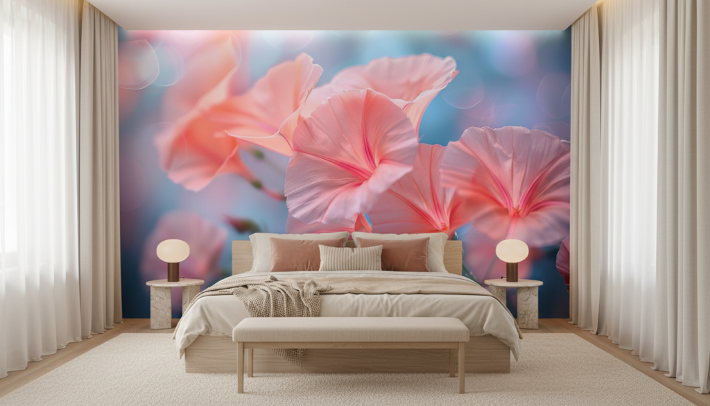 Papier Peint Fleurs Tropicales Rose Corail Effet Lumineux Artistique - Chambre adulte