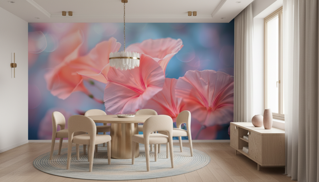 Papier Peint Fleurs Tropicales Rose Corail Effet Lumineux Artistique - Salle à manger