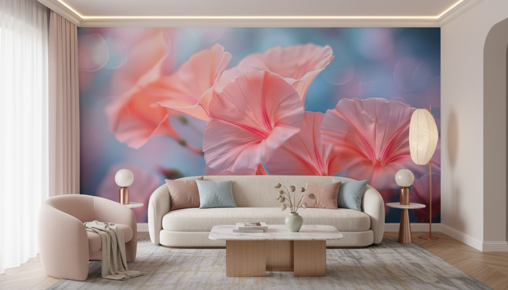 Papier Peint Fleurs Tropicales Rose Corail Effet Lumineux Artistique - Salon / Séjour