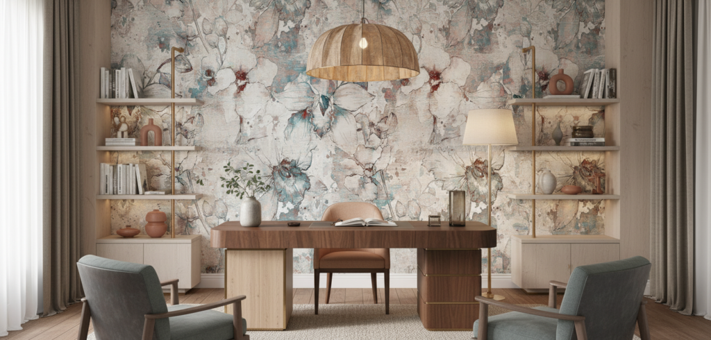 Papier Peint Fleurs Vintage Aquarelle Tons Pastel Bleu Rouge - Bureau