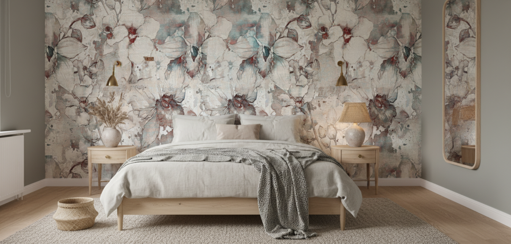 Papier Peint Fleurs Vintage Aquarelle Tons Pastel Bleu Rouge - Chambre adulte