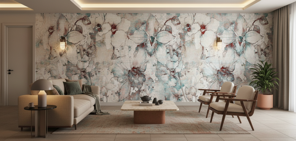 Papier Peint Fleurs Vintage Aquarelle Tons Pastel Bleu Rouge - Hôtel