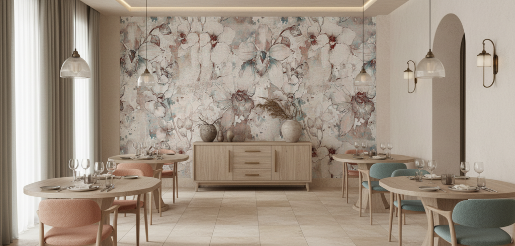 Papier Peint Fleurs Vintage Aquarelle Tons Pastel Bleu Rouge - Restaurant