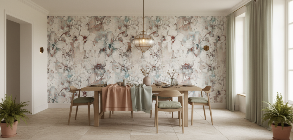 Papier Peint Fleurs Vintage Aquarelle Tons Pastel Bleu Rouge - Salle à manger