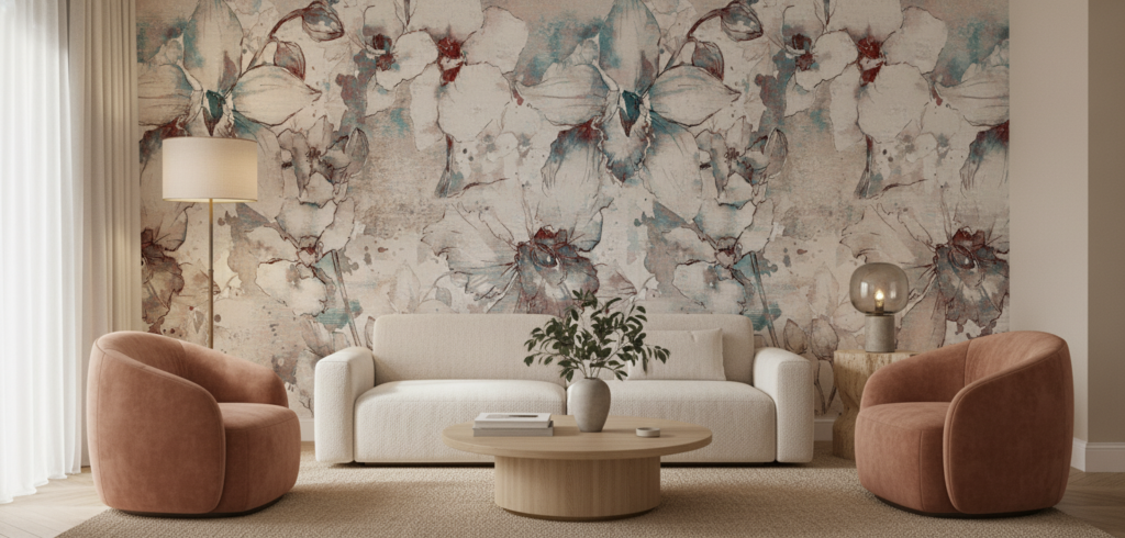 Papier Peint Fleurs Vintage Aquarelle Tons Pastel Bleu Rouge - Salon / Séjour