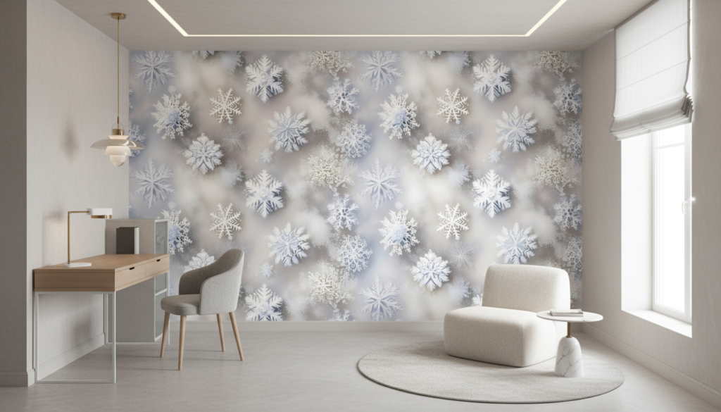 Papier Peint Flocons de Neige Blanc Gris Nuageux Hiver - Bureau