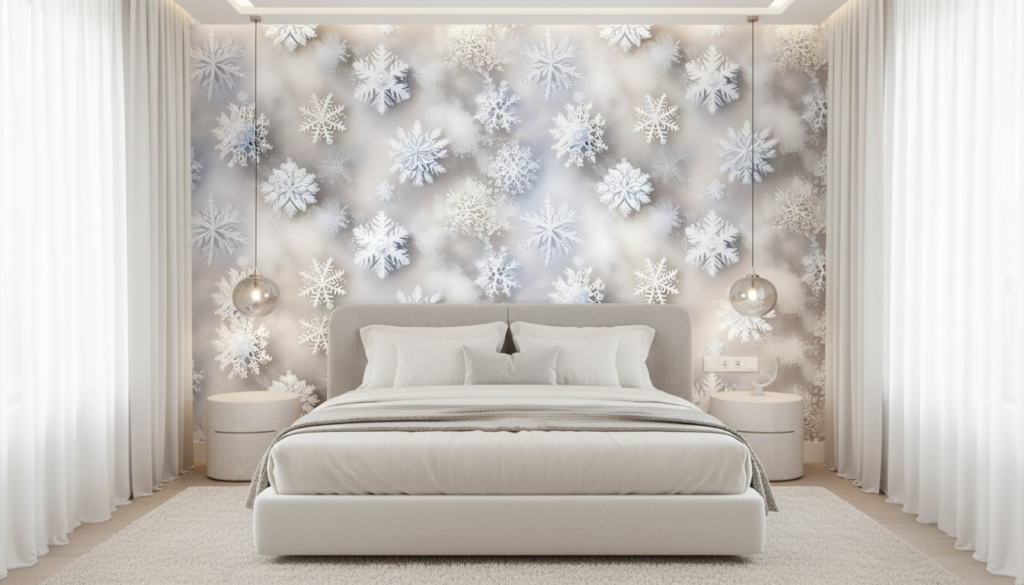Papier Peint Flocons de Neige Blanc Gris Nuageux Hiver - Chambre adulte