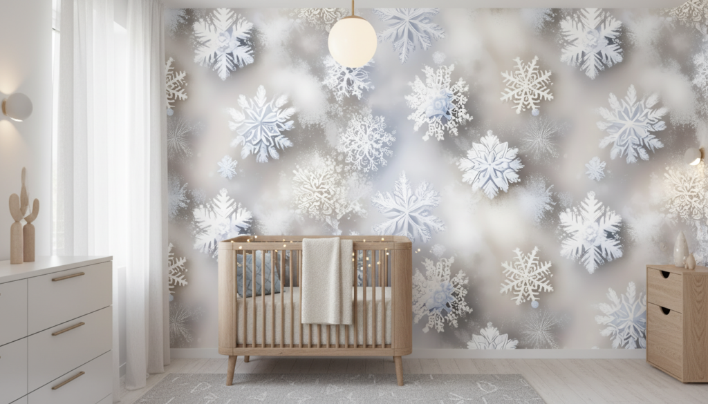 Papier Peint Flocons de Neige Blanc Gris Nuageux Hiver - Chambre bébé