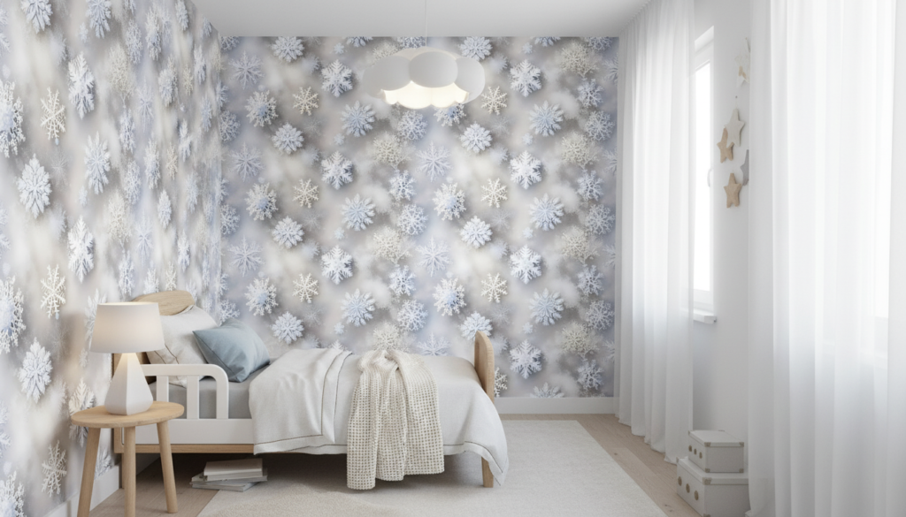 Papier Peint Flocons de Neige Blanc Gris Nuageux Hiver - Chambre enfant