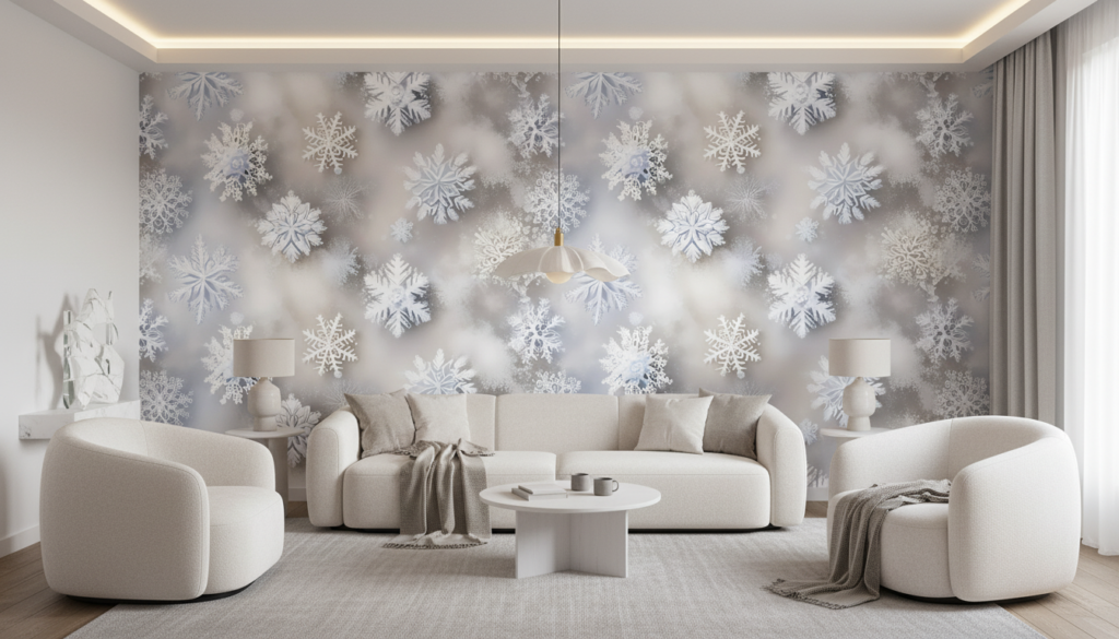 Papier Peint Flocons de Neige Blanc Gris Nuageux Hiver - Salon / Séjour