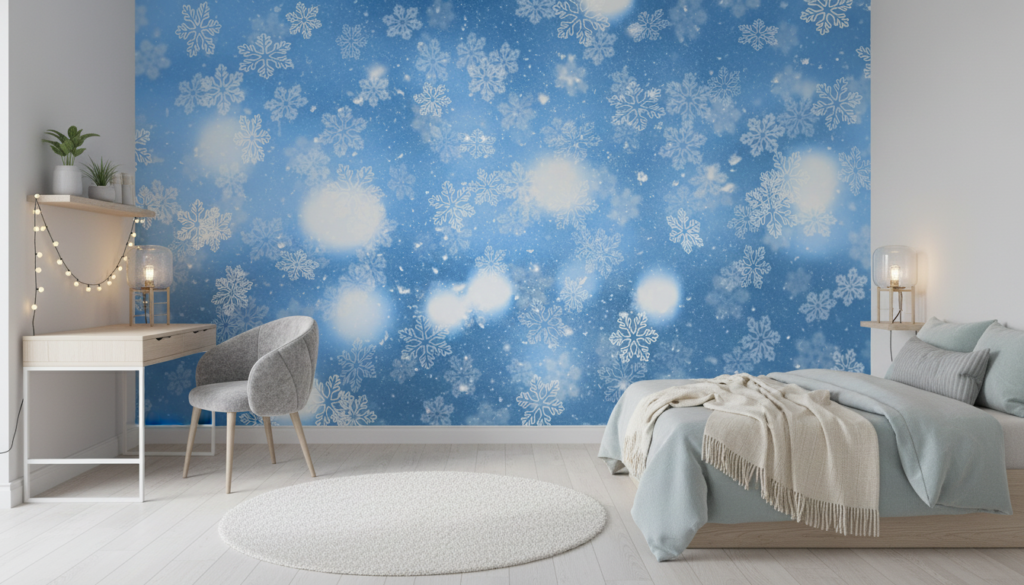 Papier Peint Flocons de Neige Bleu Hivernal Féerique - Chambre ado