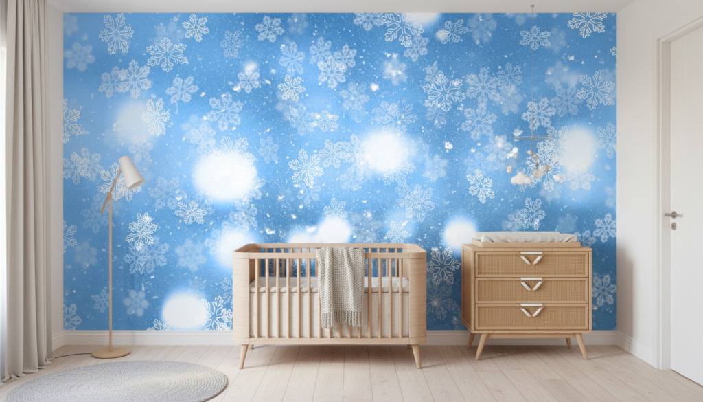 Papier Peint Flocons de Neige Bleu Hivernal Féerique - Chambre bébé