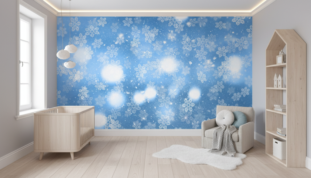 Papier Peint Flocons de Neige Bleu Hivernal Féerique - Chambre enfant