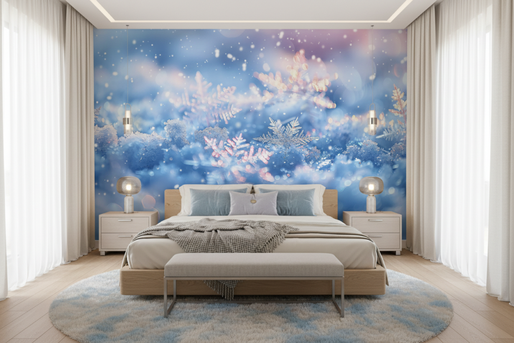 Papier Peint Flocons de Neige Cristal Bokeh Hiver Magique - Chambre adulte