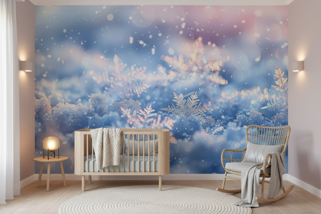 Papier Peint Flocons de Neige Cristal Bokeh Hiver Magique - Chambre bébé