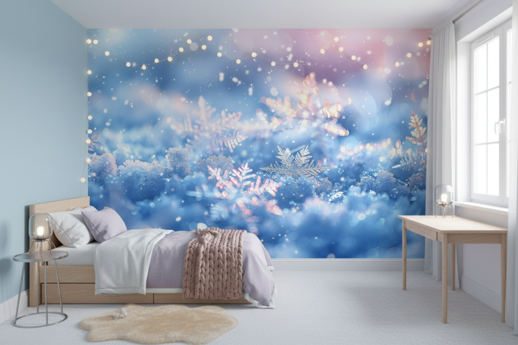Papier Peint Flocons de Neige Cristal Bokeh Hiver Magique - Chambre enfant