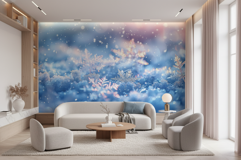 Papier Peint Flocons de Neige Cristal Bokeh Hiver Magique - Salon / Séjour