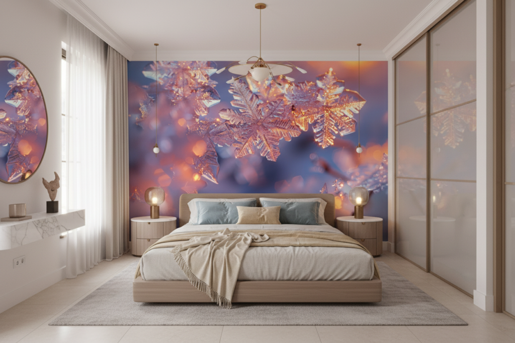 Papier peint flocons de neige cristallins dorés lumière chaude - Chambre adulte