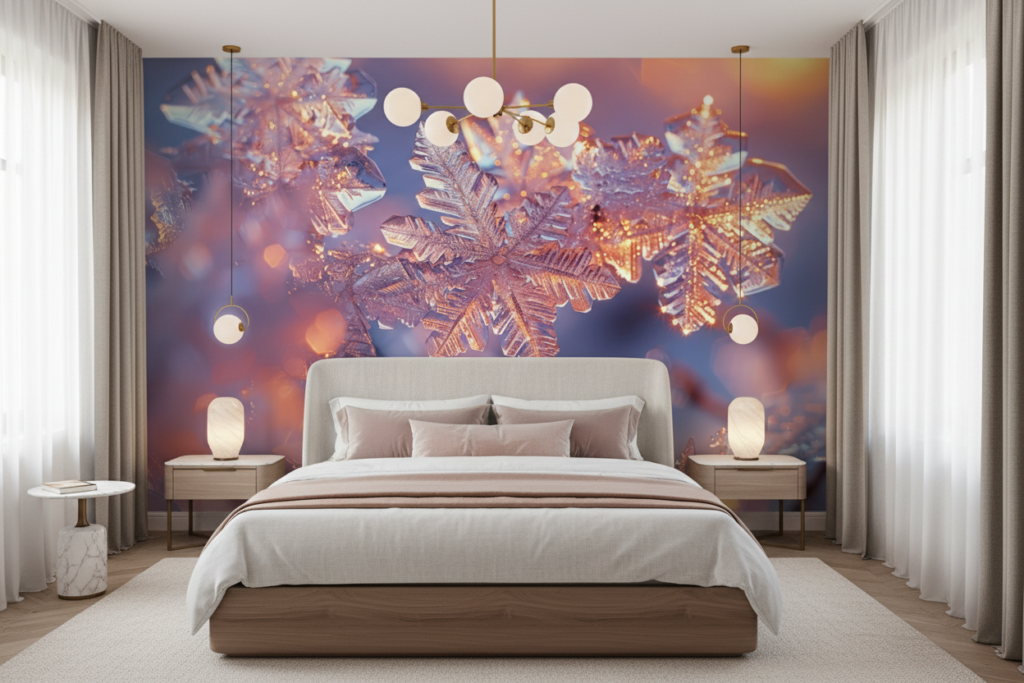 Papier peint flocons de neige cristallins dorés lumière chaude - Chambre adulte