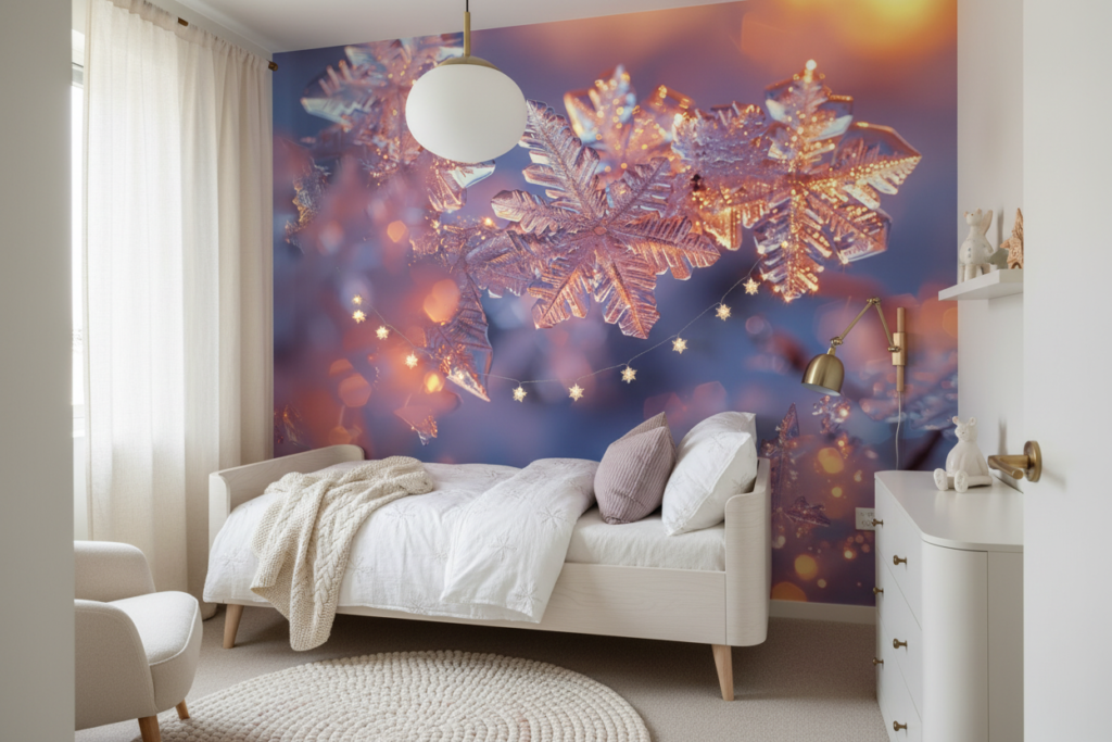 Papier peint flocons de neige cristallins dorés lumière chaude - Chambre enfant