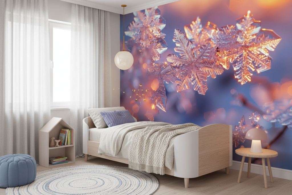 Papier peint flocons de neige cristallins dorés lumière chaude - Chambre enfant