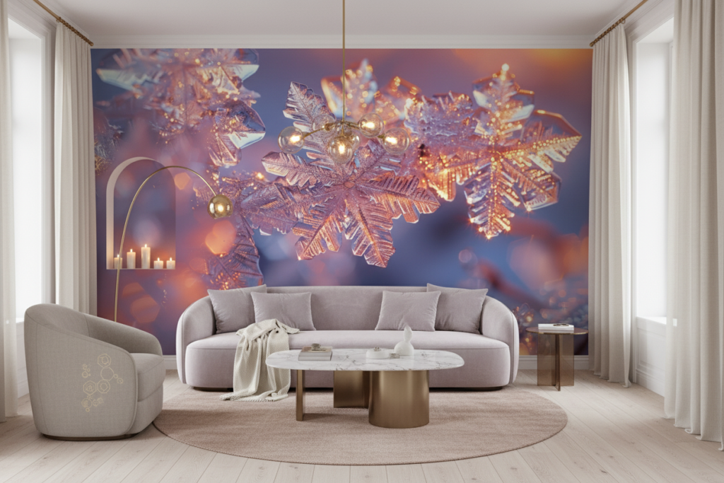 Papier peint flocons de neige cristallins dorés lumière chaude - Salon / Séjour
