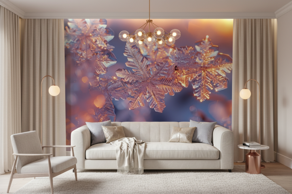 Papier peint flocons de neige cristallins dorés lumière chaude - Salon / Séjour